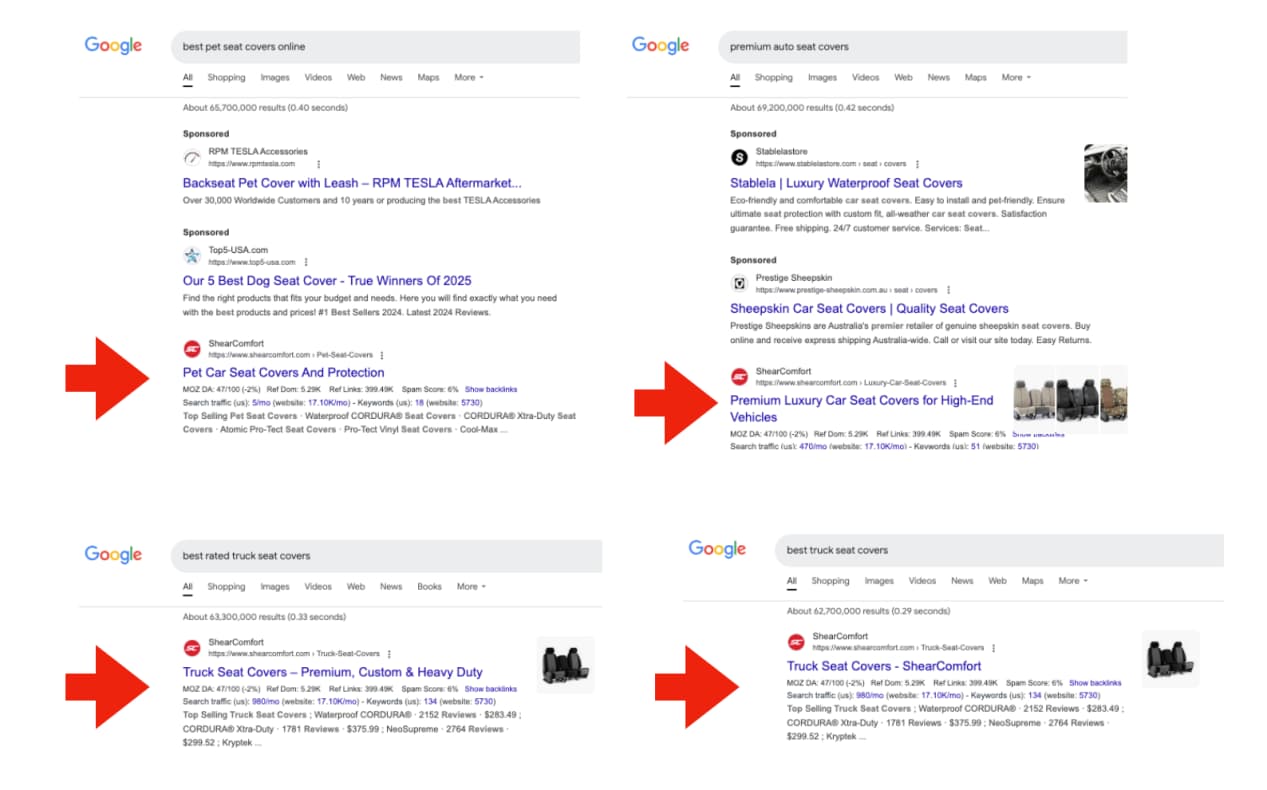 ShearComfort ranking #1 on Google across multiple seat-cover search queries
