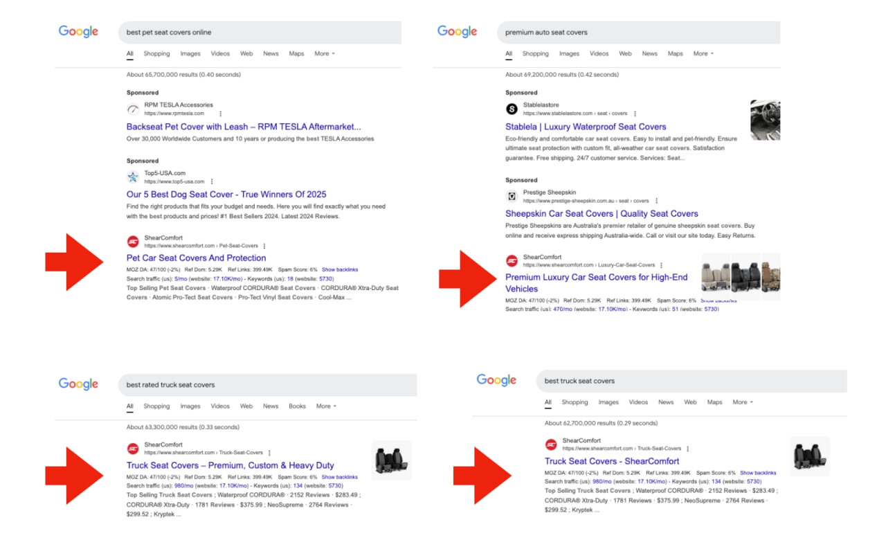 ShearComfort ranking #1 on Google across multiple seat-cover search queries