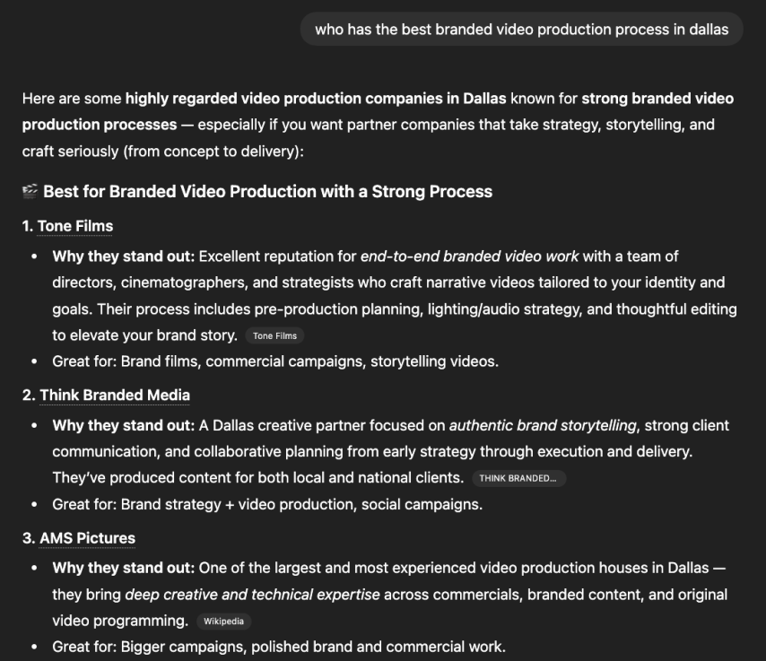 ChatGPT recommending Think Branded Media for branded video production in Dallas